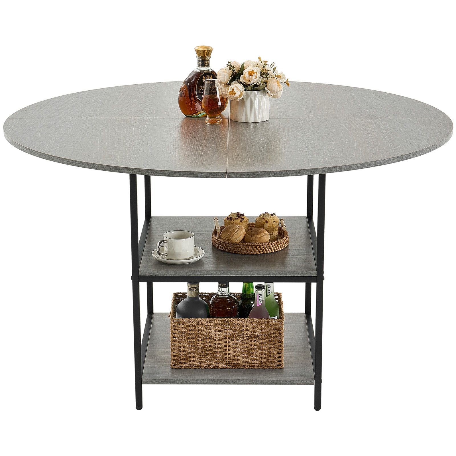 47 In Round Dining Table Wood Kitchen Table For 4-6 Person Grey (Only Table)_voghion.com